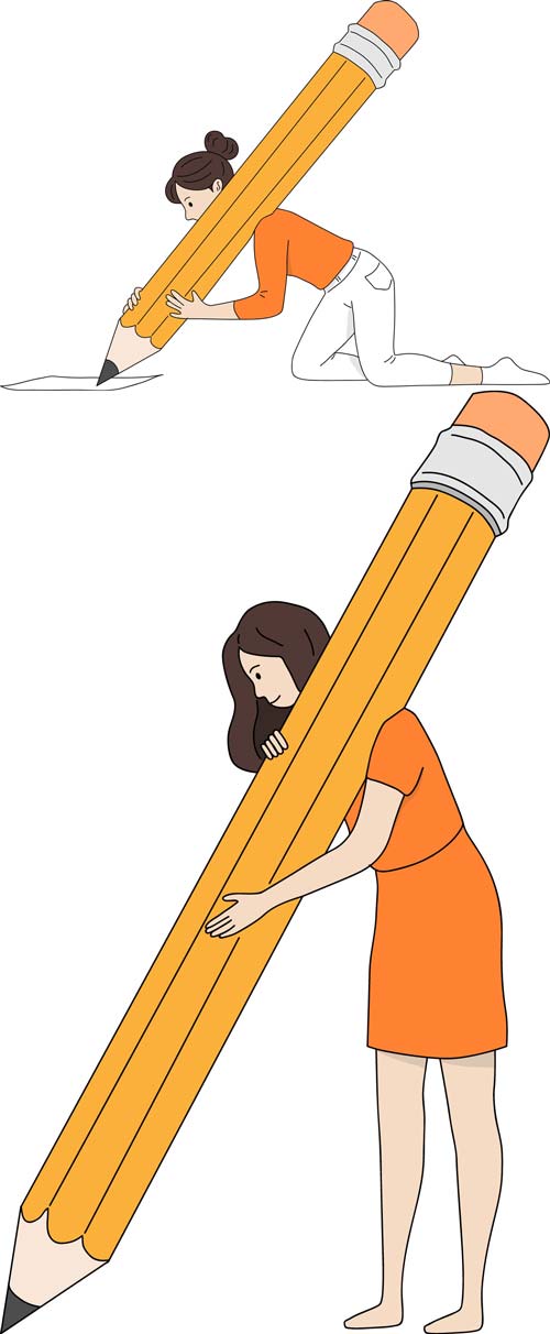 과장된 그림 연필 든 여자 제목 레이블 쓰기