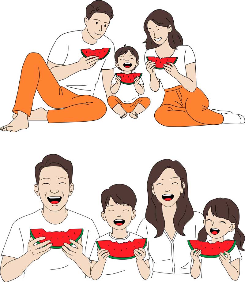 수박 먹는 가족 일러스트 여름 디자인 요소