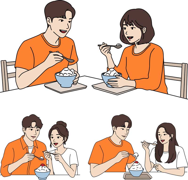 미리캔버스 여름 디자인 팥빙수 먹는 커플 그림