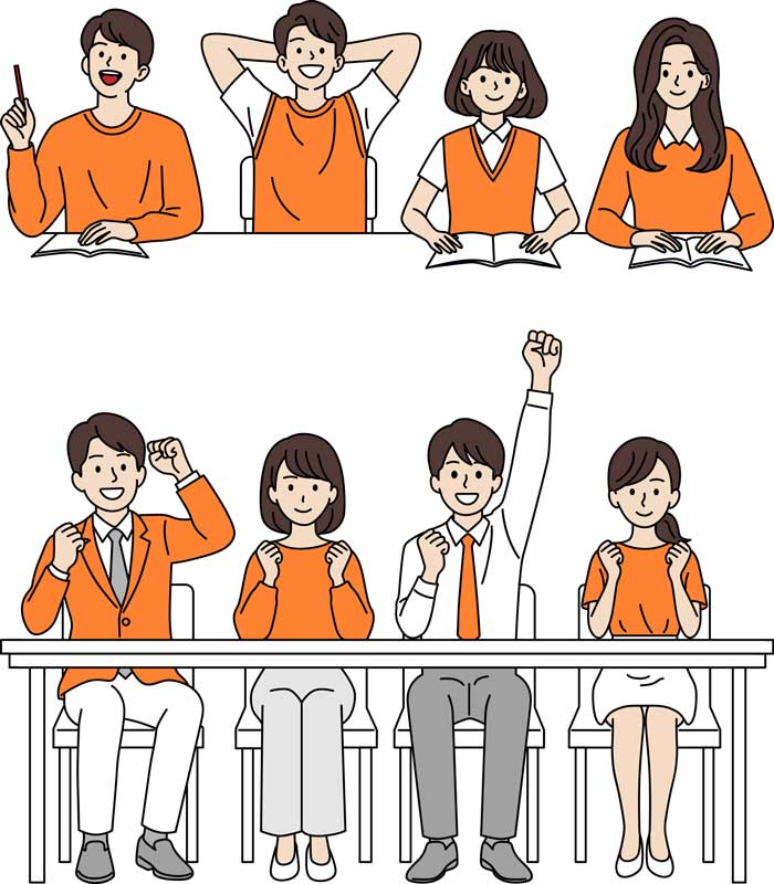 책상에 앉아 화이팅 외치는 학생 직장인 무료 일러스트