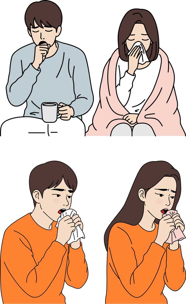 감기 일러스트 무료 공유 기침하는 사람 4명